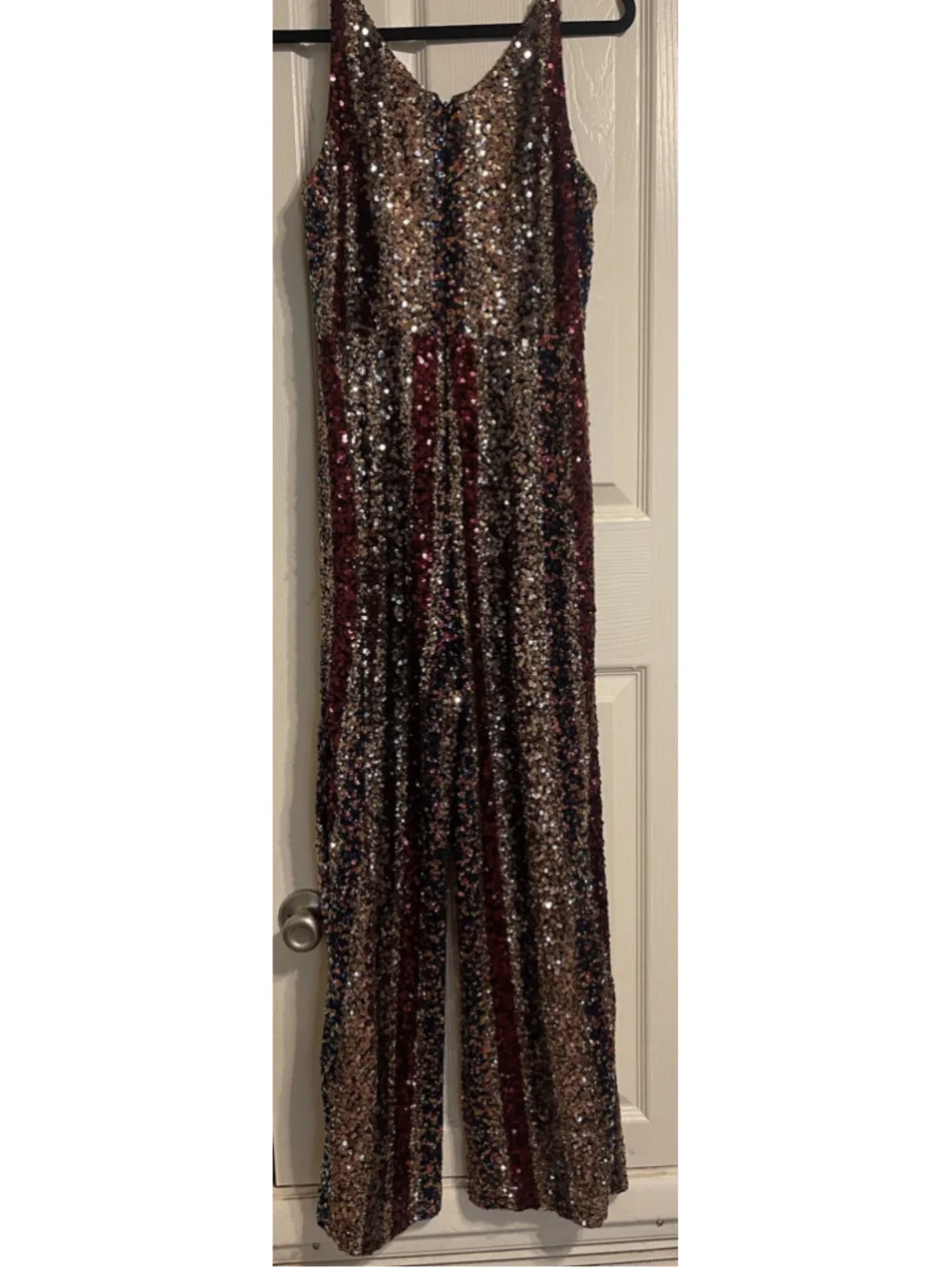 Dress The Population Charlie Rainbow Striped Sequin Wide Leg Disco Jumpsuit L